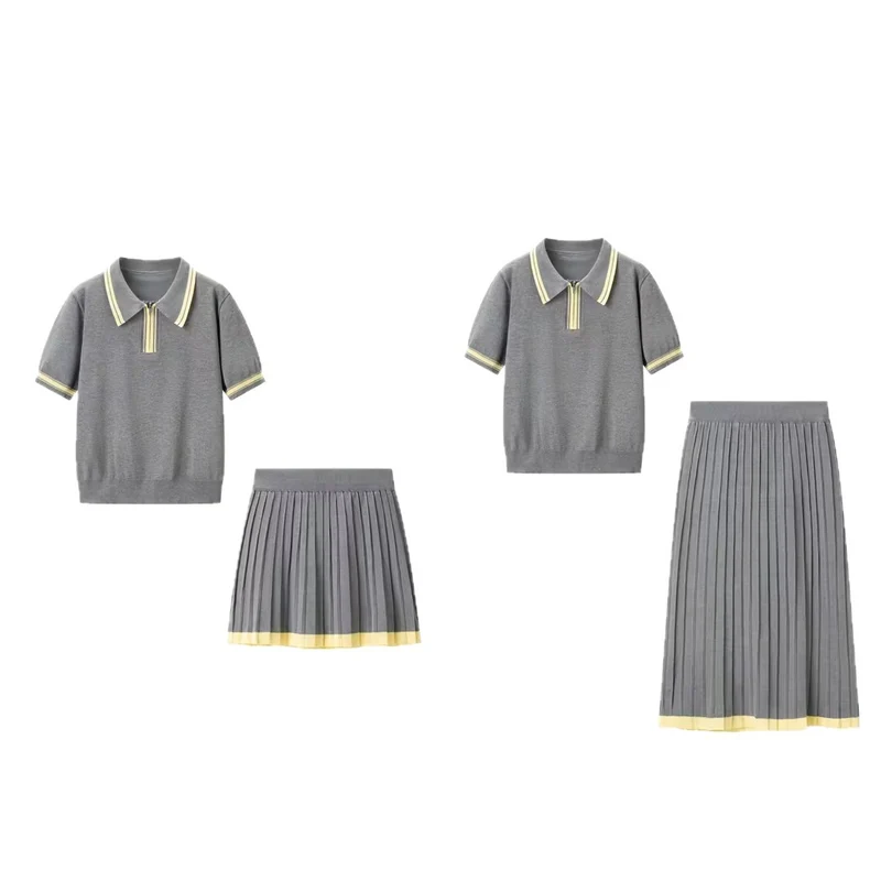 Damen Zweiteiliges Strick-Set mit Poloshirt und plissiertem Midirock Nord Taschen