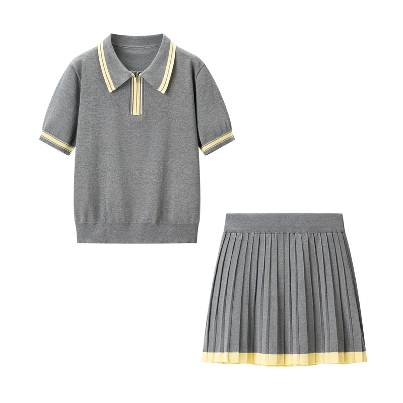 Damen Zweiteiliges Strick-Set mit Poloshirt und plissiertem Midirock Nord Taschen