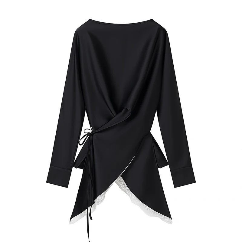 Damen Zweiteiliges Satin-Set mit Wickelbluse, Spitzenbesatz und A‑Linien Maxirock Nord Taschen
