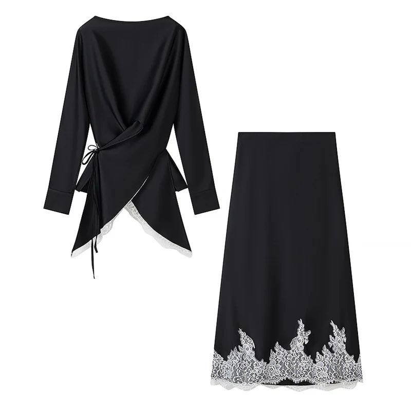 Damen Zweiteiliges Satin-Set mit Wickelbluse, Spitzenbesatz und A‑Linien Maxirock Nord Taschen