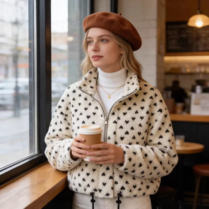 Damen Teddyjacke mit Herz-Allover, kurzer Boxy‑Schnitt, Stehkragen und Tunnelzug Nord Taschen