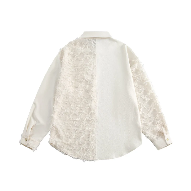 Damen Blusen-Overshirt mit flauschiger Fransenstruktur und Kentkragen Nord Taschen