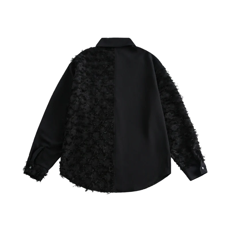 Damen Blusen-Overshirt mit flauschiger Fransenstruktur und Kentkragen Nord Taschen