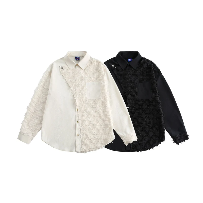 Damen Blusen-Overshirt mit flauschiger Fransenstruktur und Kentkragen Nord Taschen