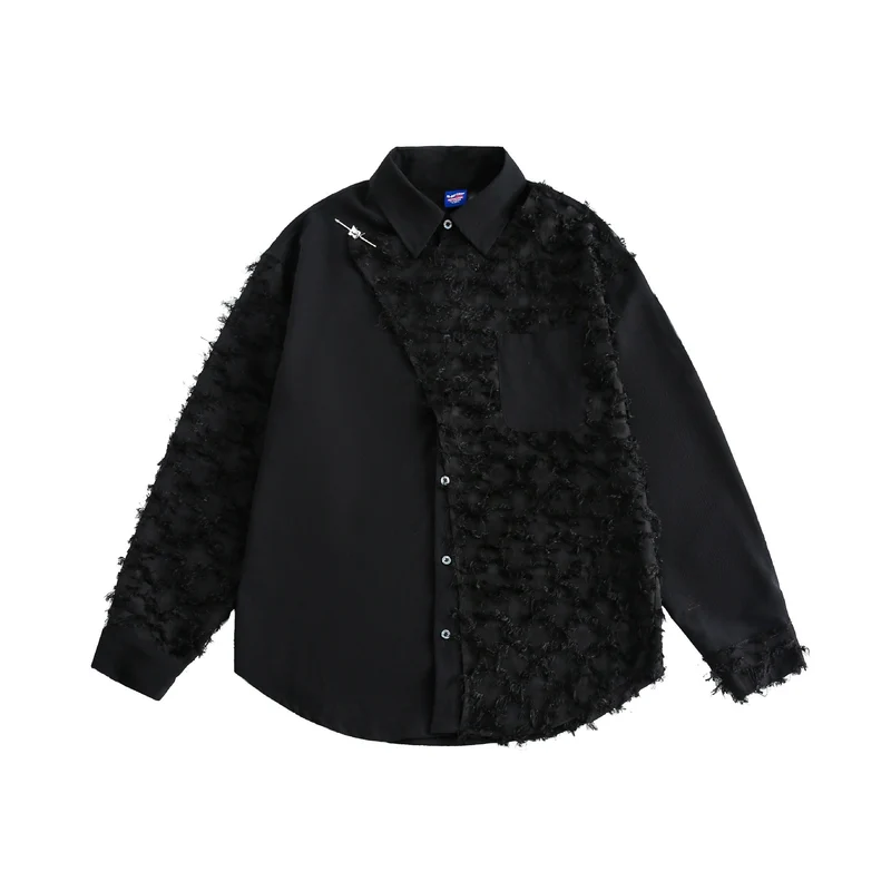 Damen Blusen-Overshirt mit flauschiger Fransenstruktur und Kentkragen Nord Taschen