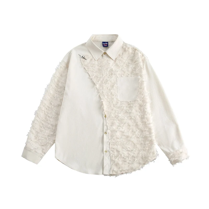 Damen Blusen-Overshirt mit flauschiger Fransenstruktur und Kentkragen Nord Taschen