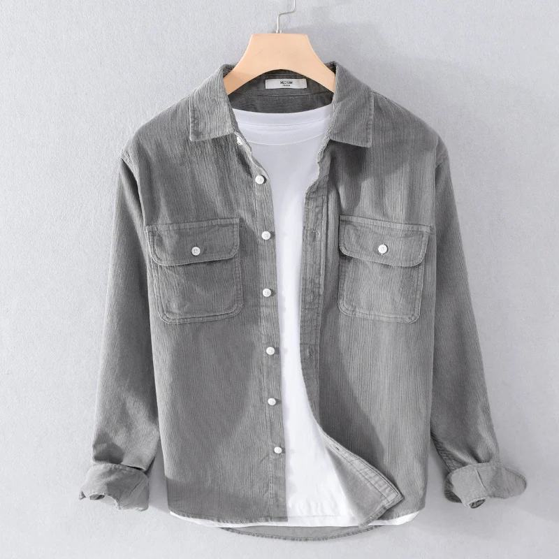 Herren Feincord-Hemdjacke im Worker‑Stil mit doppelten Brustpatten und entspanntem Schnitt Nord Taschen