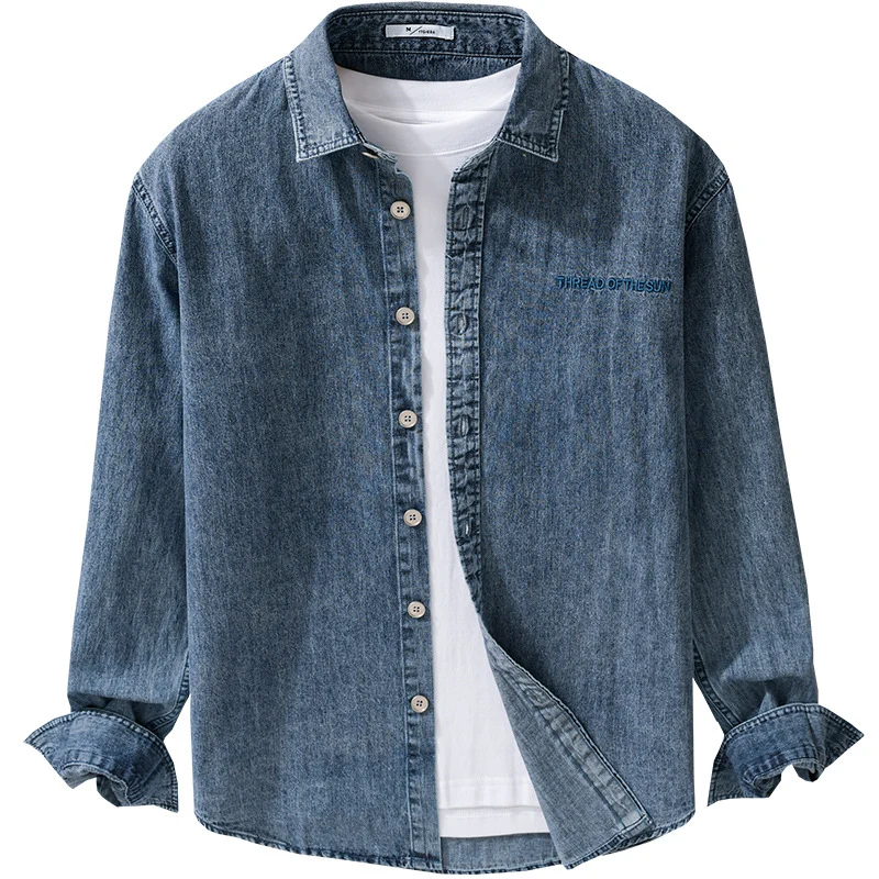 Herren entspanntes Denim-Overshirt mit Knopfleiste und Bruststickerei Nord Taschen