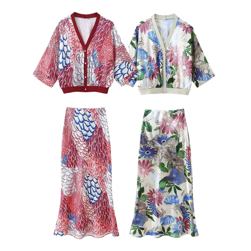 Damen Zweiteiliges Satin-Set mit floral bedruckter Kurzjacke und Bias‑Cut Midirock Nord Taschen
