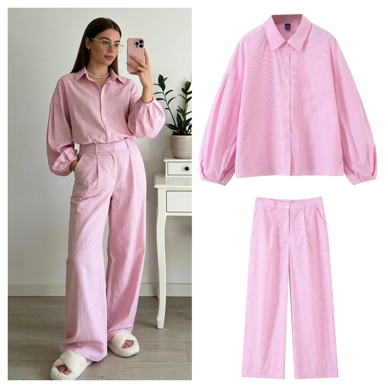 Damen Zweiteiliges gestreiftes Set mit Oversize-Hemd und High‑Waist-Plazzohose Nord Taschen