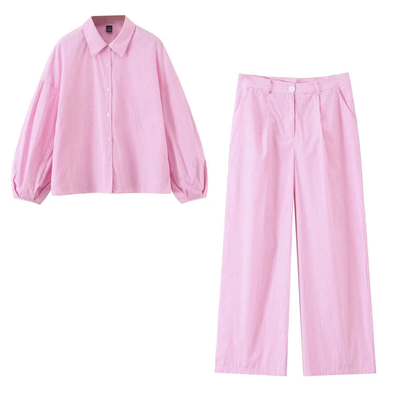 Damen Zweiteiliges gestreiftes Set mit Oversize-Hemd und High‑Waist-Plazzohose Nord Taschen