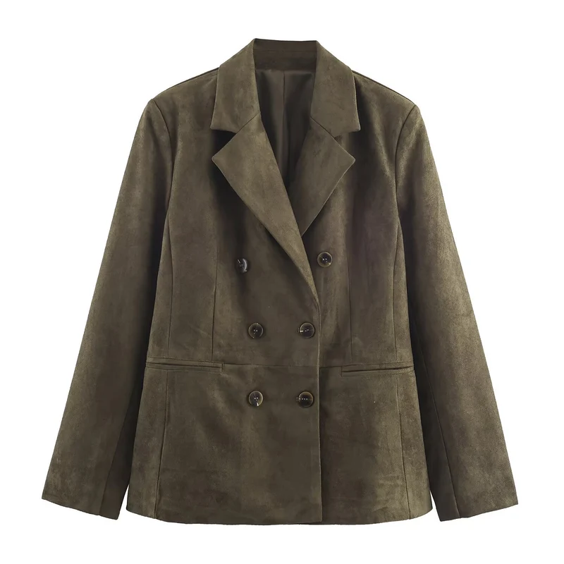 Damen Zweireihiger Wildlederoptik-Blazer mit Reverskragen und Pattentaschen Nord Taschen