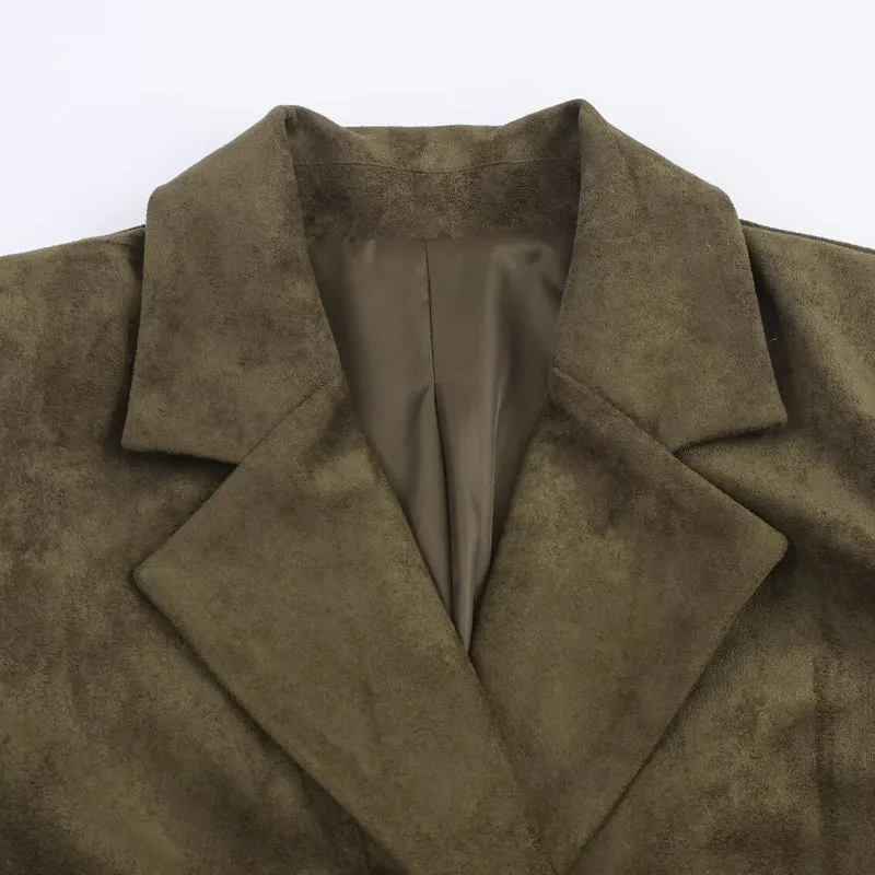 Damen Zweireihiger Wildlederoptik-Blazer mit Reverskragen und Pattentaschen Nord Taschen