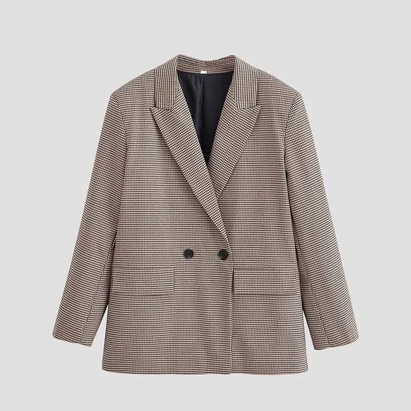 Damen Zweireihiger Oversize-Blazer mit Hahnentritt‑Muster und Pattentaschen Nord Taschen
