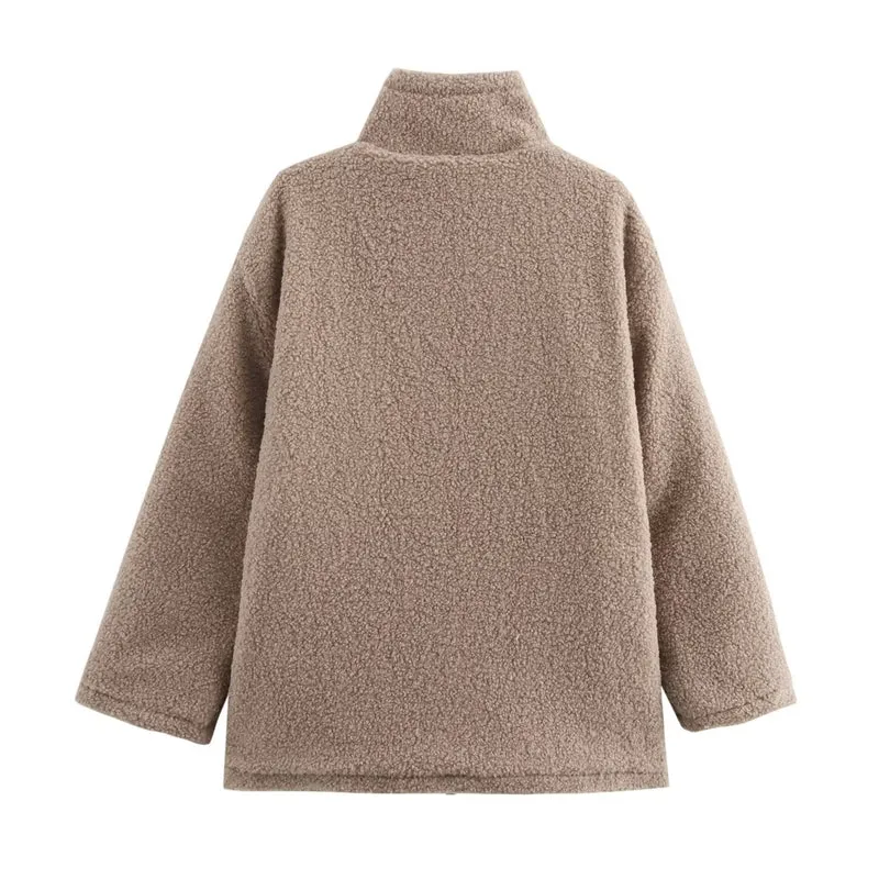Damen Teddy-Fleece-Jacke mit Stehkragen, Reißverschluss und Kontraststreifen Nord Taschen
