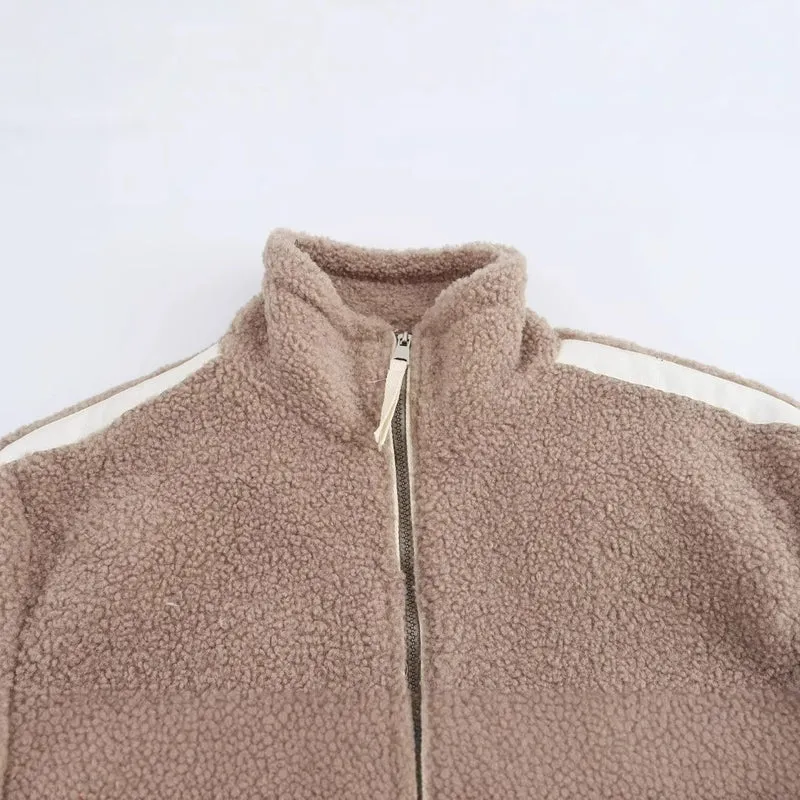 Damen Teddy-Fleece-Jacke mit Stehkragen, Reißverschluss und Kontraststreifen Nord Taschen