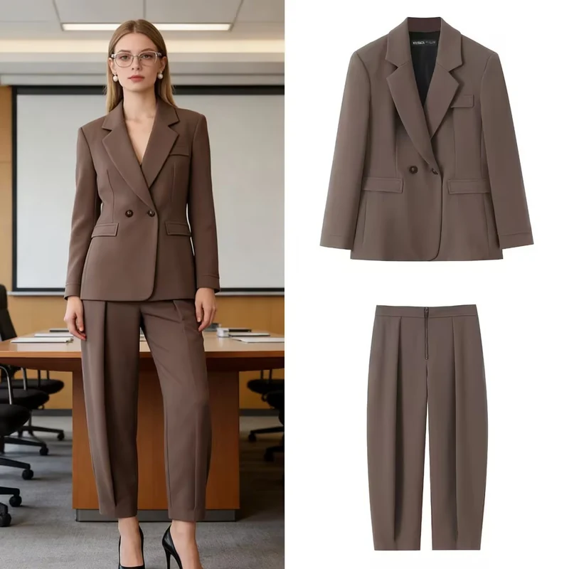 Damen Tailliertes zweiteiliges Blazer- und Bundfaltenhose-Set Nord Taschen
