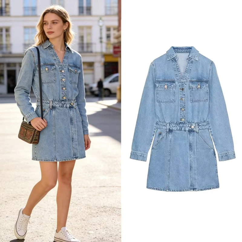 Damen Tailliertes Jeans-Minikleid mit Hemdkragen, aufgesetzten Brusttaschen und dekorativer Knopfleiste Nord Taschen
