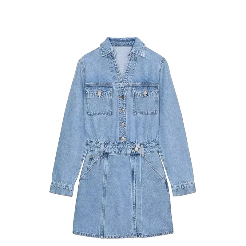 Damen Tailliertes Jeans-Minikleid mit Hemdkragen, aufgesetzten Brusttaschen und dekorativer Knopfleiste Nord Taschen