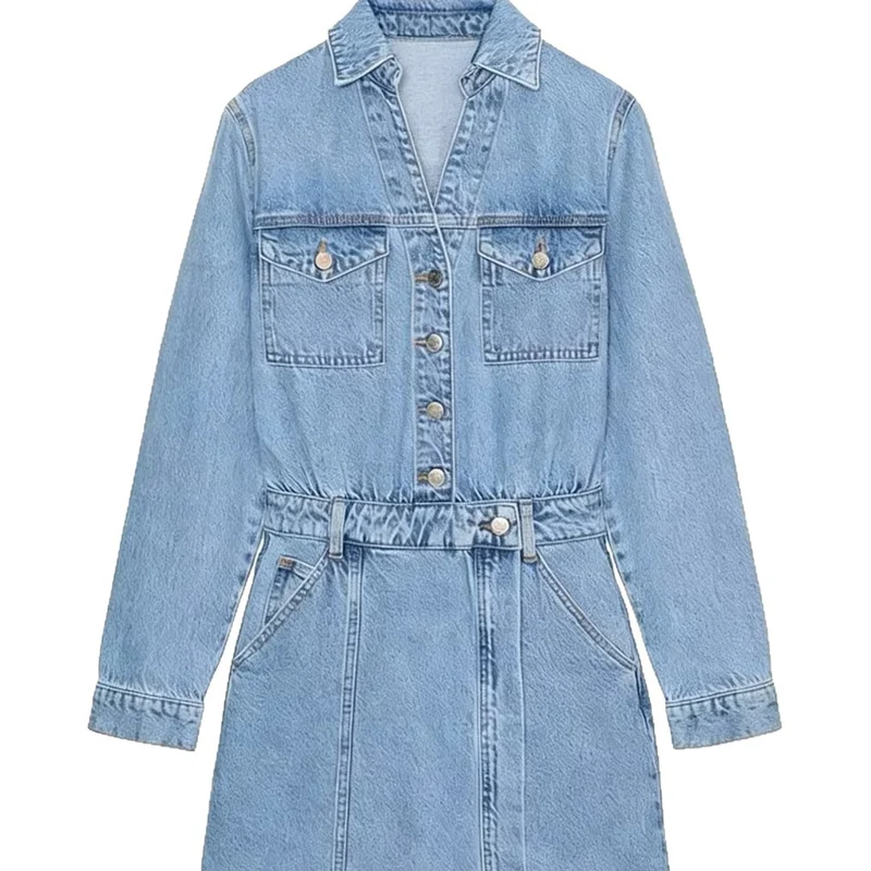Damen Tailliertes Jeans-Minikleid mit Hemdkragen, aufgesetzten Brusttaschen und dekorativer Knopfleiste Nord Taschen
