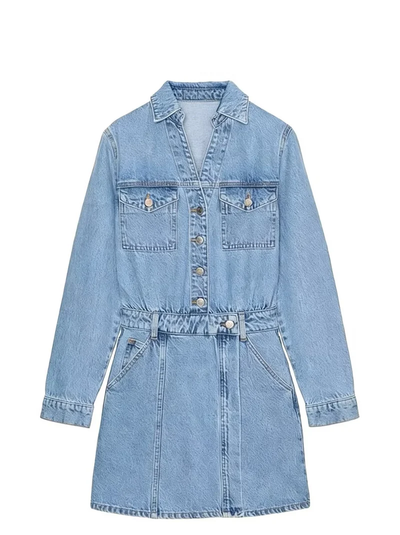 Damen Tailliertes Jeans-Minikleid mit Hemdkragen, aufgesetzten Brusttaschen und dekorativer Knopfleiste Nord Taschen