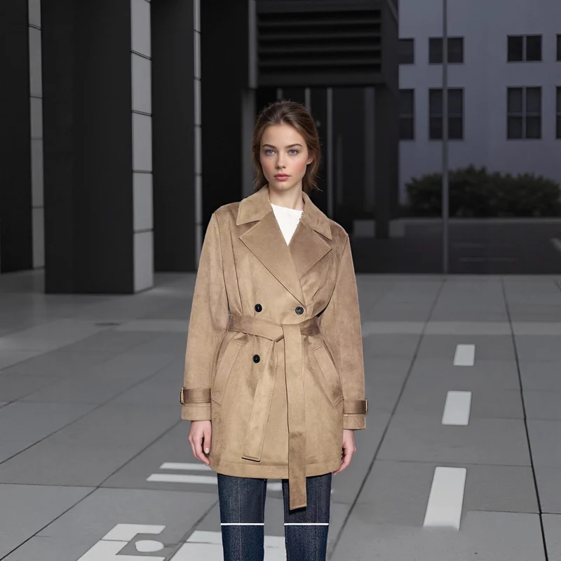 Damen Taillierter Wildlederoptik-Trenchcoat mit Bindegürtel und doppelreihiger Knopfleiste Nord Taschen