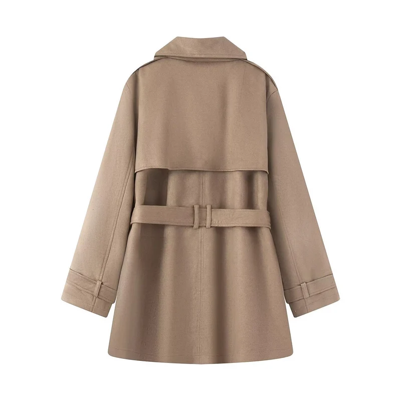Damen Taillierter Wildlederoptik-Trenchcoat mit Bindegürtel und doppelreihiger Knopfleiste Nord Taschen
