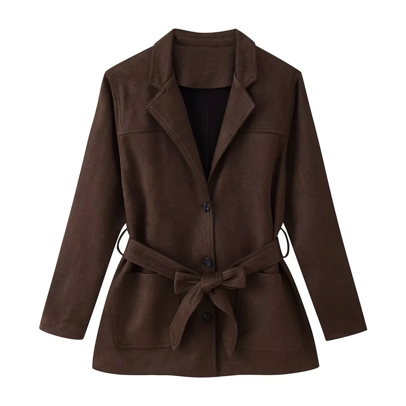 Damen Taillierter Wildlederoptik-Blazer mit Bindegürtel und aufgesetzten Taschen Nord Taschen