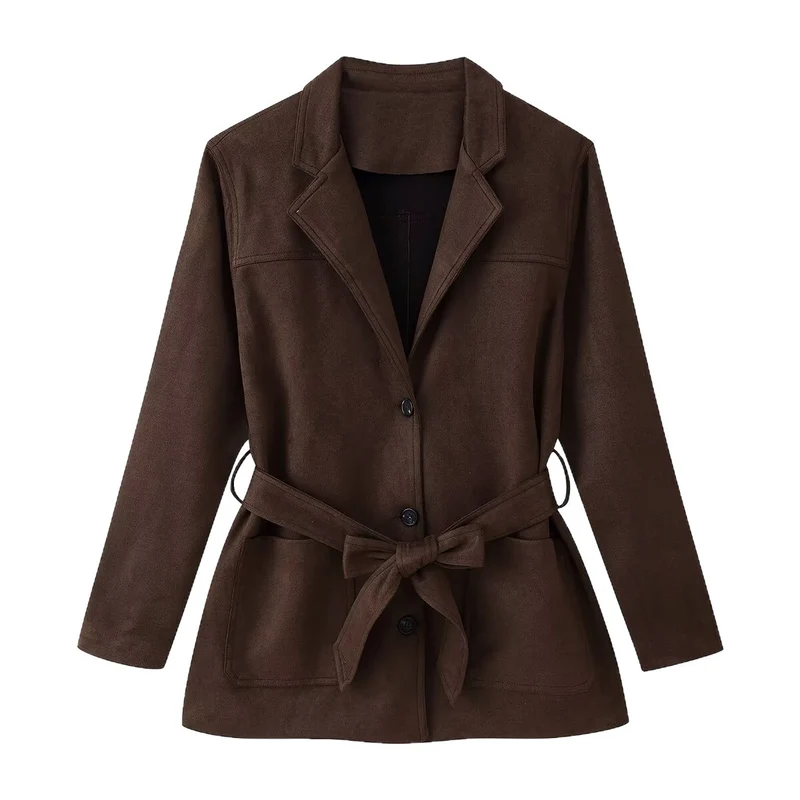 Damen Taillierter Wildlederoptik-Blazer mit Bindegürtel und aufgesetzten Taschen Nord Taschen
