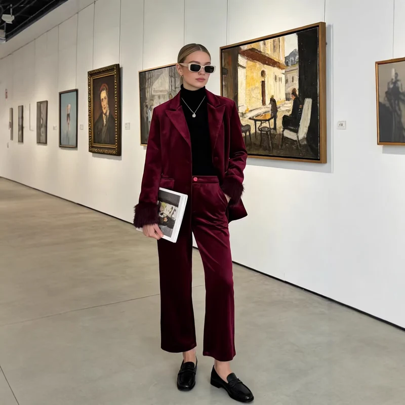 Damen Taillierter Samt-Blazer mit Kunstfellmanschetten und Pattentaschen Nord Taschen