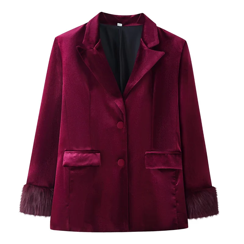 Damen Taillierter Samt-Blazer mit Kunstfellmanschetten und Pattentaschen Nord Taschen
