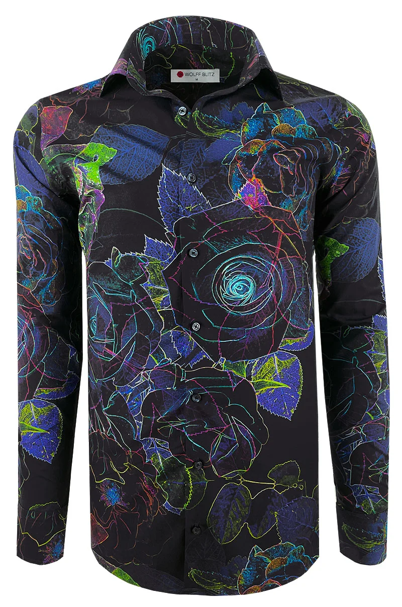 Neon Roses Printed Long Sleeve Men's Shirt