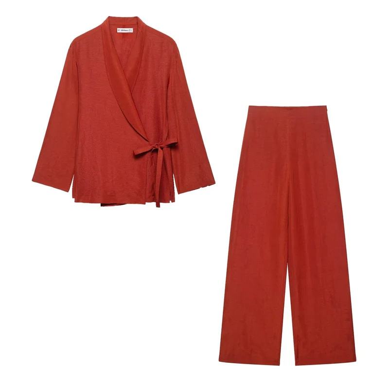 Damen Wickel-Kimono-Set mit Taillenband und weiter Palazzo-Hose Nord Taschen