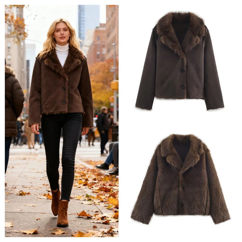 Damen Wendbare Kurzjacke mit Faux‑Fur‑Besatz und Wildlederoptik Nord Taschen