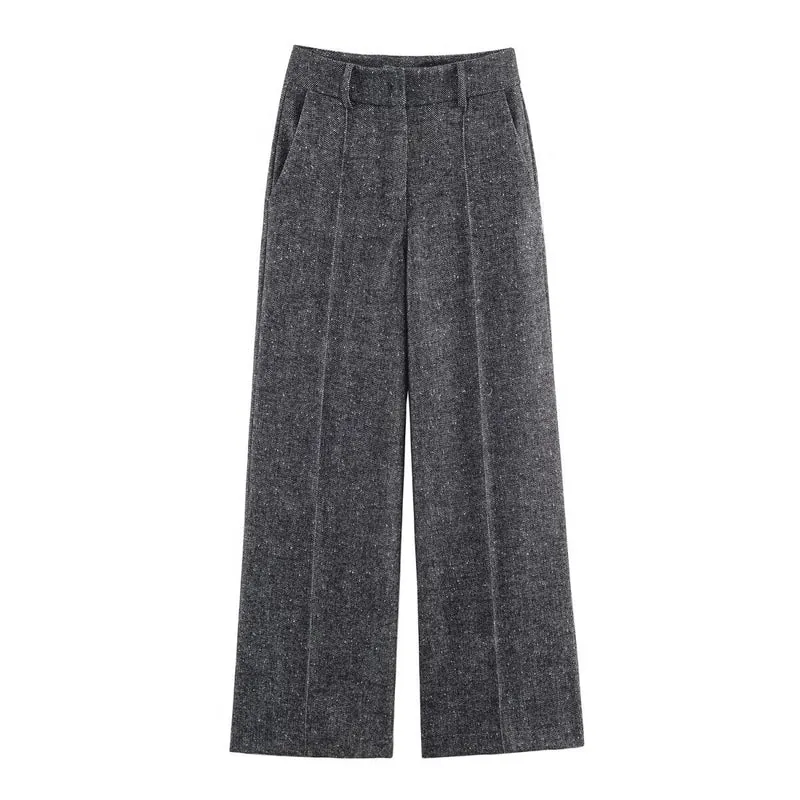 Damen Weite Wolloptik-Bundfaltenhose mit hoher Taille und Bügelfalte Nord Taschen