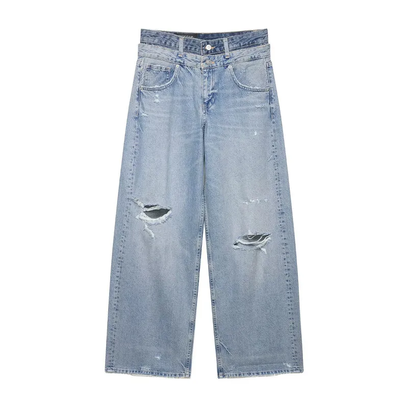 Damen Weite taillenhohe Jeans mit verwaschenem Finish und Rissen Nord Taschen