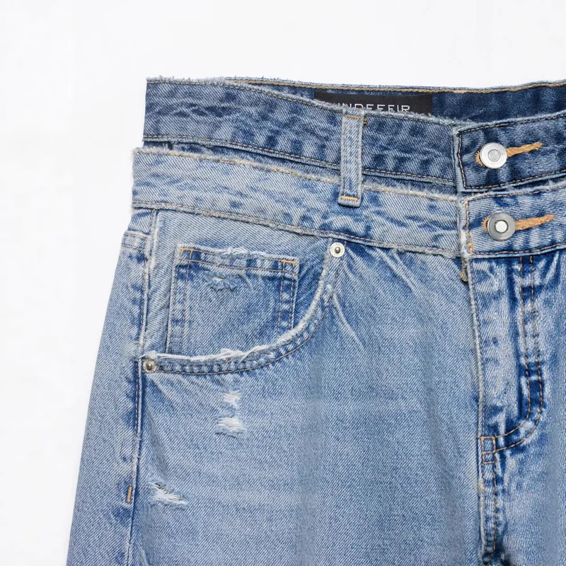 Damen Weite taillenhohe Jeans mit verwaschenem Finish und Rissen Nord Taschen