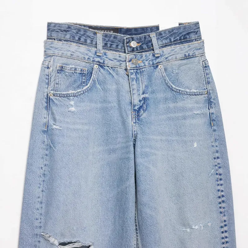 Damen Weite taillenhohe Jeans mit verwaschenem Finish und Rissen Nord Taschen