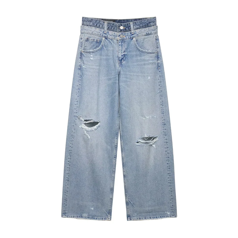 Damen Weite taillenhohe Jeans mit verwaschenem Finish und Rissen Nord Taschen