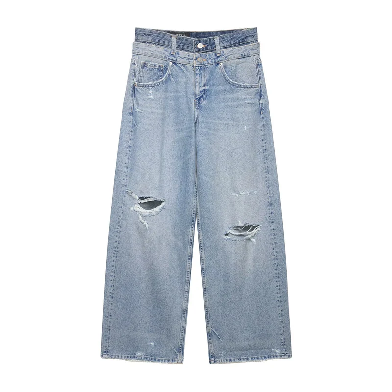 Damen Weite taillenhohe Jeans mit verwaschenem Finish und Rissen Nord Taschen