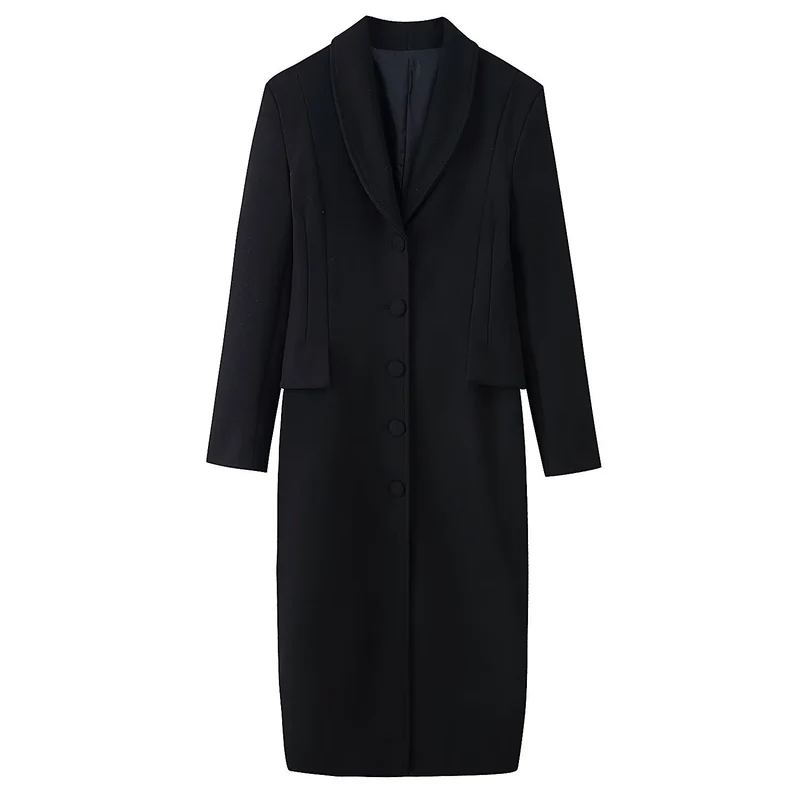 Damen Taillierter Longline-Wollmix-Mantel mit Schalkragen und verdeckter Knopfleiste Nord Taschen