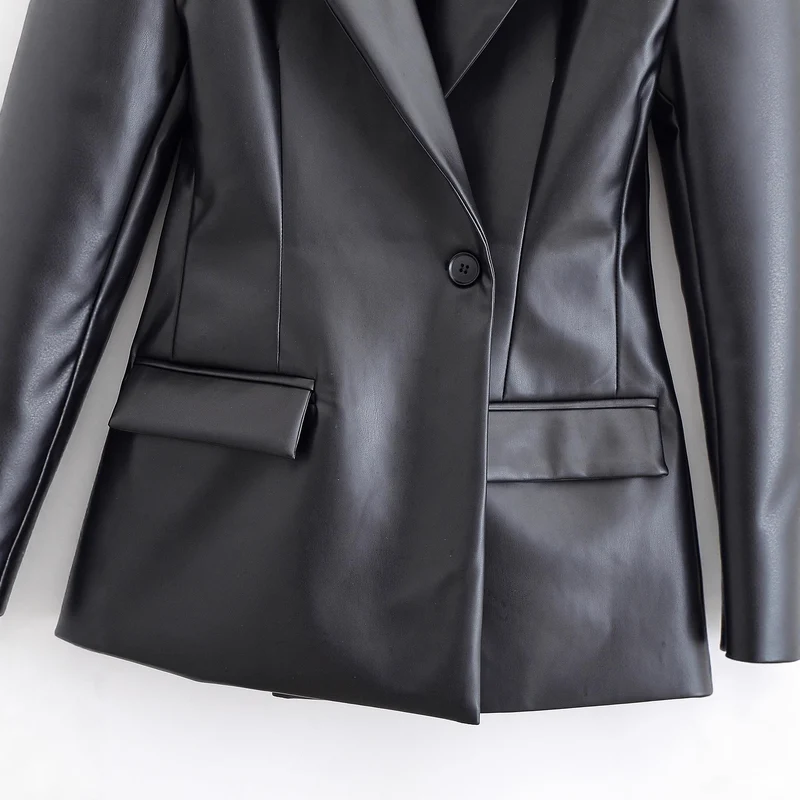 Damen Taillierter Longline-Kunstlederblazer mit Ein-Knopf-Verschluss und Pattentaschen Nord Taschen