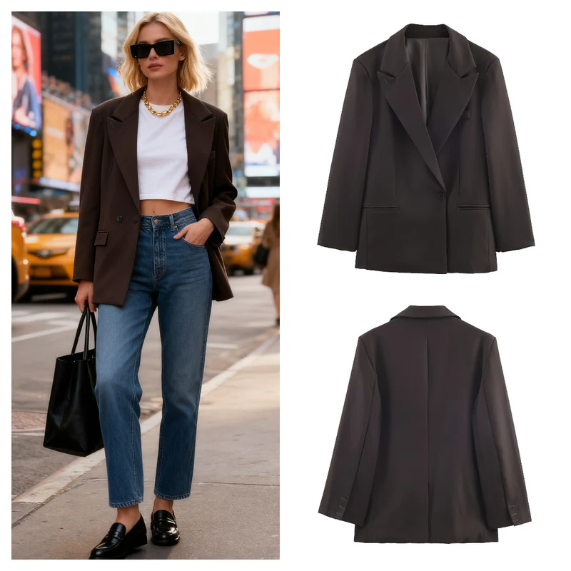 Damen Taillierter Longline-Blazer mit fallendem Revers und Ein-Knopf-Verschluss Nord Taschen