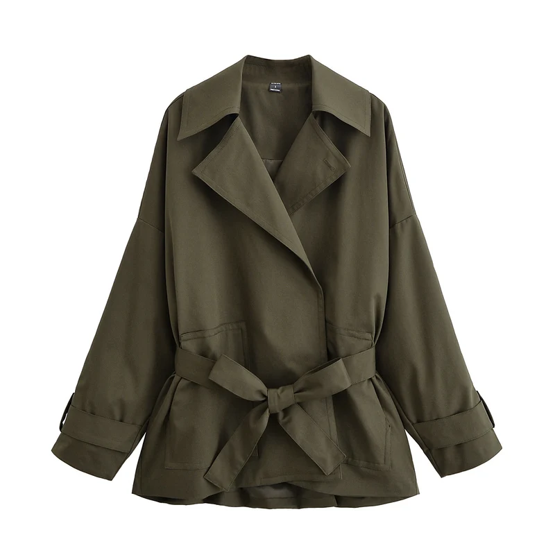 Damen Taillierter Kurztrench mit Bindegürtel und Oversize-Ärmeln Nord Taschen