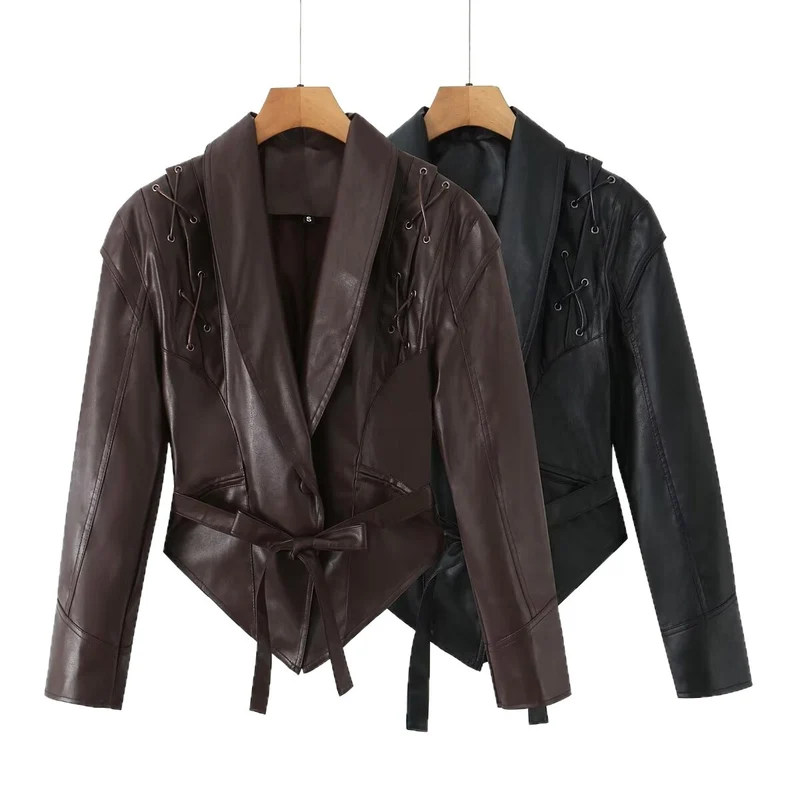 Damen taillierter Kunstlederblazer mit Schnürdetails an den Schultern und Bindegürtel Nord Taschen