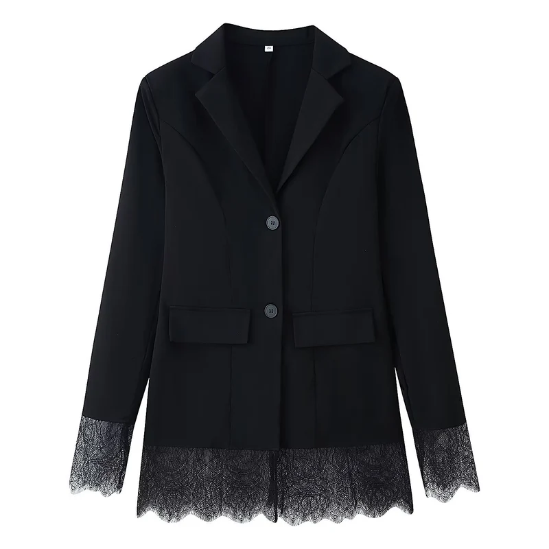 Damen Taillierter Einreihiger Blazer mit Spitzensaum und Spitzenmanschetten Nord Taschen