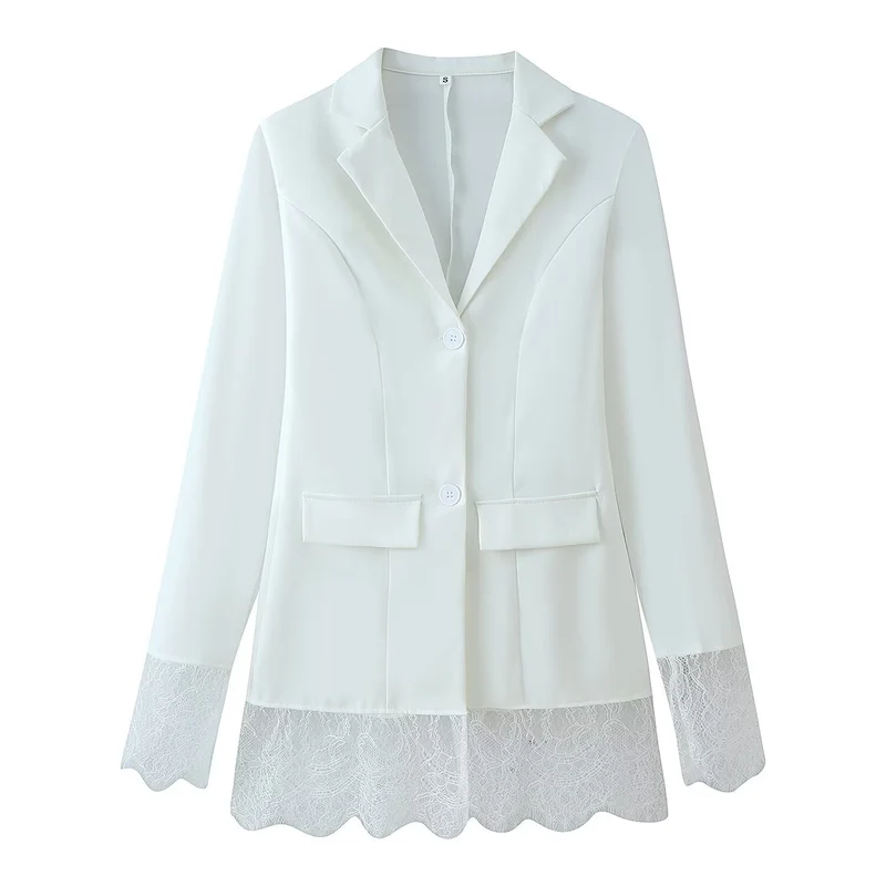 Damen Taillierter Einreihiger Blazer mit Spitzensaum und Spitzenmanschetten Nord Taschen