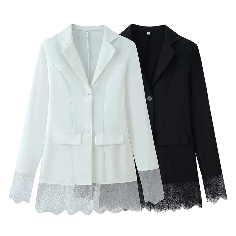 Damen Taillierter Einreihiger Blazer mit Spitzensaum und Spitzenmanschetten Nord Taschen