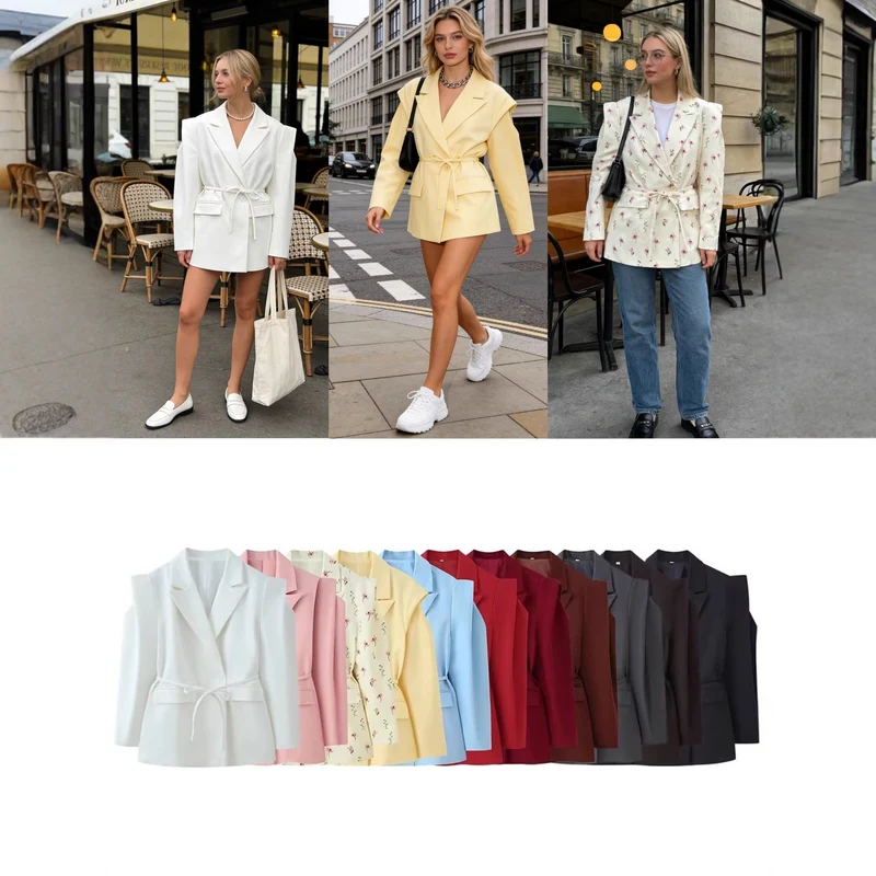 Damen Taillierter Ein-Knopf-Blazer mit Bindegürtel und Schulter‑Cut‑Out Nord Taschen