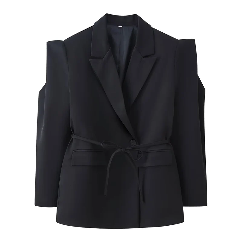 Damen Taillierter Ein-Knopf-Blazer mit Bindegürtel und Schulter‑Cut‑Out Nord Taschen